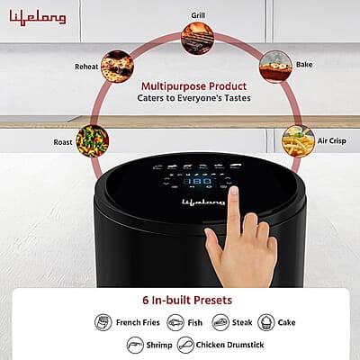 Lifelong Digital Air Fryer For Home - 2.5 Litre Airfryer With Touch Panel & 6 Pre-Set Menus-1000 W Electric Fryer