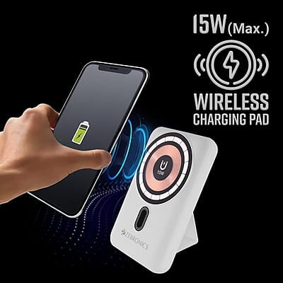 ZEBRONICS MW62 Wireless Power Bank, 10000 mAh, Rapid Charge, Built-in Wireless Charging Pad, Outputs - 22W Wired | 15W Wireless, Type C I/O | USB Output, Built-in Foldable Stand