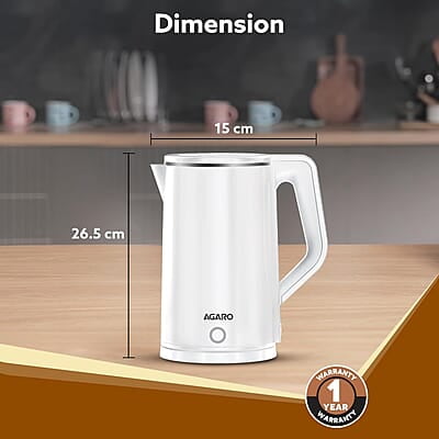 AGARO Elegant Electric Kettle, 1.8L, Double Layered Kettle, Stainless Steel Inner Body White