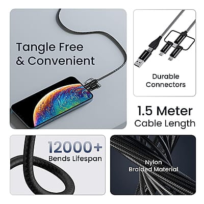 Ambrane 6-in-1 60W Fast Charging Cable with Micro, Type C & iPhone Support, Compatible with all devices Ambrane 6-in-1 60W Fast Charging Cable with Micro, Type C & iPhone Support, Compatible with all devices