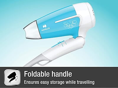 Havells 1200 Watts Foldable Hair Dryer; 3 Heat Settings With Cool Shot (Hot/Cool/ Warm), Heat Balance Technology Havells 1200 Watts Foldable Hair Dryer; 3 Heat Settings With Cool Shot (Hot/Cool/ Warm), Heat Balance Technology