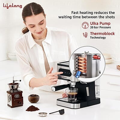 Lifelong Digital Espresso Coffee Maker -1350W Coffee Machine, 20 Bar Pressure Pump, Steam Band Lifelong Digital Espresso Coffee Maker -1350W Coffee Machine, 20 Bar Pressure Pump, Steam Band