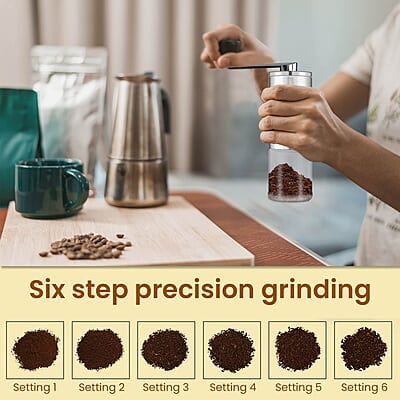 AGARO Elite Manual Coffee Grinder, Ceramic Grinder with Glass jar, 6 Adjustable Settings, Stainless Steel Body AGARO Elite Manual Coffee Grinder, Ceramic Grinder with Glass jar, 6 Adjustable Settings, Stainless Steel Body