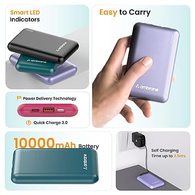 Ambrane 10000mAh Slimmest & Compact (Pocket/Bag Friendly) Powerbank, 22.5W Fast Charging, USB & Type C Output