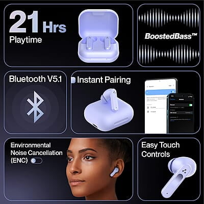 Ambrane Dots Sense True Wireless Earbuds with 21 Hours Playtime,Environmental Noise Cancellation (Enc),10Mm Drivers with Boostedbass,Bluetooth V5.1,Ipx4 Splash Proof