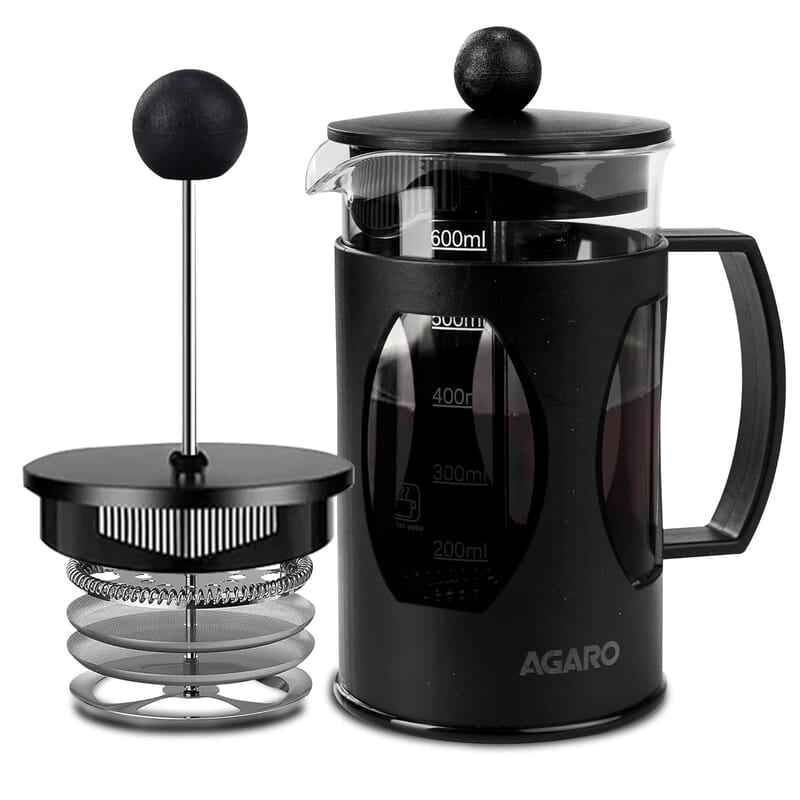 AGARO Elite French Press Coffee And Tea Maker, Borosilicate Glass Body With Sleeves, Glass Carafe, BPA Free Plastic Lid Strainer, 600Ml AGARO Elite French Press Coffee And Tea Maker, Borosilicate Glass Body With Sleeves, Glass Carafe, BPA Free Plastic Lid Strainer, 600Ml
