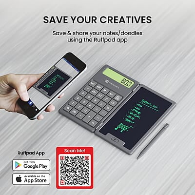 Portronics Ruffpad Calc 2-in-1 Calculator & LCD Writing Pad with 6.5 Inches Tablet, 12 Digits, Foldable Design, Stylus Pen for Students Portronics Ruffpad Calc 2-in-1 Calculator & LCD Writing Pad with 6.5 Inches Tablet, 12 Digits, Foldable Design, Stylus Pen for Students