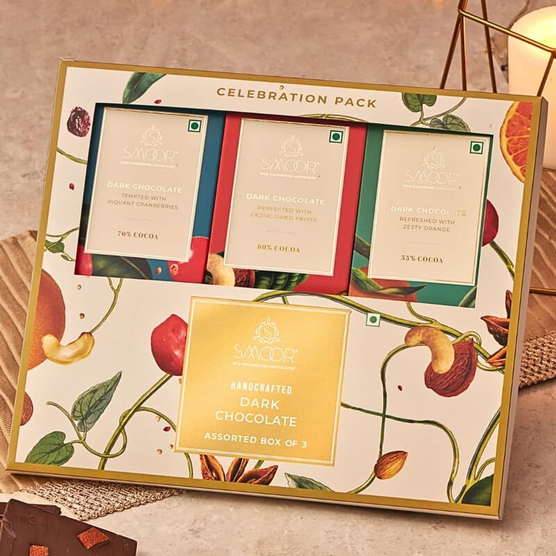 Smoor Dark Bar Assorted Celebrations Pack of 3 Zesty Orange, Cranberry, Dry Fruits 80 gm x 3 Smoor Dark Bar Assorted Celebrations Pack of 3 Zesty Orange, Cranberry, Dry Fruits 80 gm x 3