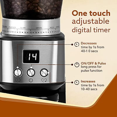 AGARO Supreme Coffee Grinder, Conical Burr Grinder, 31 Grinding Settings, Pulse Mode, Adjustable Digital Timer AGARO Supreme Coffee Grinder, Conical Burr Grinder, 31 Grinding Settings, Pulse Mode, Adjustable Digital Timer