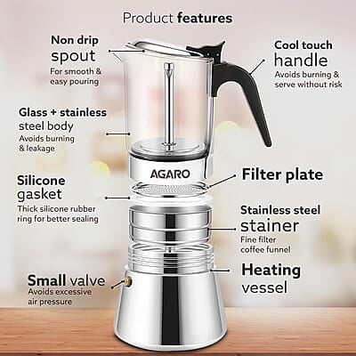 AGARO Imperial Moka Pot, Stovetop & Induction, Espresso Coffee, 240 Ml AGARO Imperial Moka Pot, Stovetop & Induction, Espresso Coffee, 240 Ml