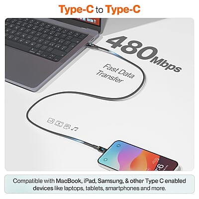 Ambrane 60W Type C to Type C Cable with 3A Fast Charging, 1.2M Braided cable for Smartphones, Tablets, Laptops & other Type C devices, PD Technology, 480Mbps Data Sync (ABCC-12T