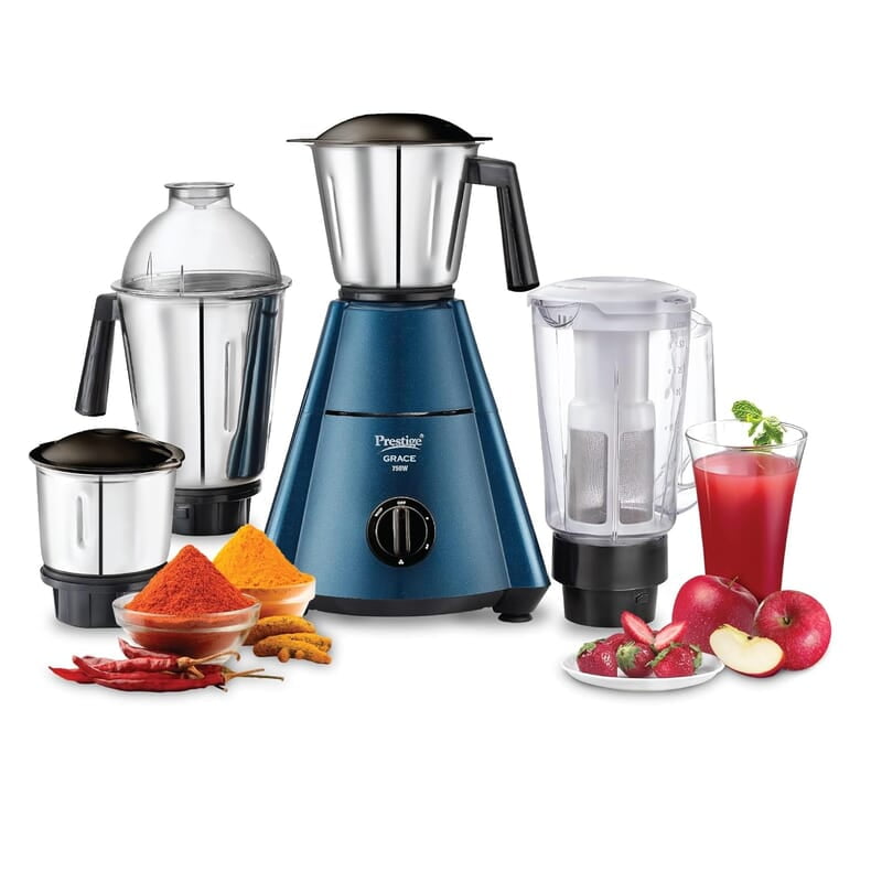 Prestige Grace 750W 4 Jars Mixer Grinder with 3 Stainless Steel Jars & 1 Juice Extracter Jar With Sieve Prestige Grace 750W 4 Jars Mixer Grinder with 3 Stainless Steel Jars & 1 Juice Extracter Jar With Sieve