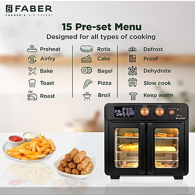 Faber Air Fryer Oven 25L, Digital Control, Bake Tray, SS Wire Tray & Basket, Crumb Tray, Rotisserie Kit Faber Air Fryer Oven 25L, Digital Control, Bake Tray, SS Wire Tray & Basket, Crumb Tray, Rotisserie Kit