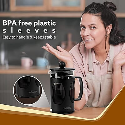 AGARO Elite French Press Coffee And Tea Maker, Borosilicate Glass Body With Sleeves, Glass Carafe, BPA Free Plastic Lid Strainer, 600Ml AGARO Elite French Press Coffee And Tea Maker, Borosilicate Glass Body With Sleeves, Glass Carafe, BPA Free Plastic Lid Strainer, 600Ml