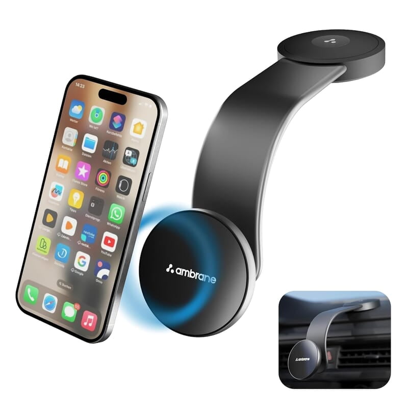 Ambrane 15W Qi-2 Car Dashboard Magnetic Wireless Car Charger for iPhone 15/15 Pro/15 Pro Max, iPhone 14/14 Pro/14 Pro Max, iPhone 13/12, Samsung & Other Qi-2 Device + Magnetic Ring Ambrane 15W Qi-2 Car Dashboard Magnetic Wireless Car Charger for iPhone 15/15 Pro/15 Pro Max, iPhone 14/14 Pro/14 Pro Max, iPhone 13/12, Samsung & Other Qi-2 Device + Magnetic Ring