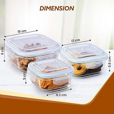 AGARO Borosilicate Glass Container with Lids, 3 pcs Set, 320ml, 520ml & 800ml Square AGARO Borosilicate Glass Container with Lids, 3 pcs Set, 320ml, 520ml & 800ml Square