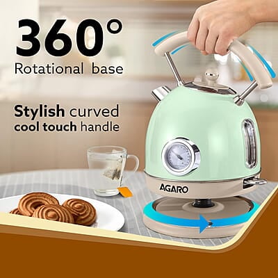 AGARO Regency Vintage Kettle 1.8L with Temperature Gauge, Hot Water Boiler & Tea Heater with Curved Handle Visible Water Level Line, Led Light AGARO Regency Vintage Kettle 1.8L with Temperature Gauge, Hot Water Boiler & Tea Heater with Curved Handle Visible Water Level Line, Led Light