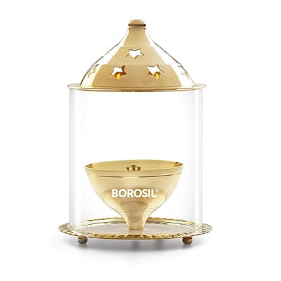 Borosil Medium Size Akhand Diya Decorative Brass Glass Oil Lamp
