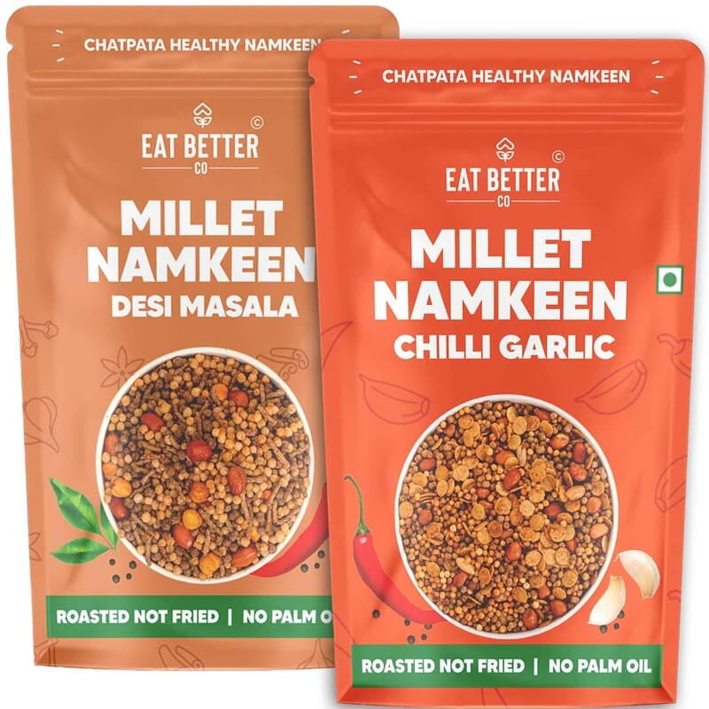 Eat Better Co - Millet Namkeen Combo - Chilli Garlic & Desi Masala - Healthy Snacks - Roasted, Not Fried | No Palm Oil | Healthy Replacement of Chips & Bhujia - Pack of Two - 200 grams Eat Better Co - Millet Namkeen Combo - Chilli Garlic & Desi Masala - Healthy Snacks - Roasted, Not Fried | No Palm Oil | Healthy Replacement of Chips & Bhujia - Pack of Two - 200 grams