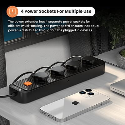 Portronics Power Plate 12 Extension Board with 4 Universal Sockets, 2 Meter Long Cord, 1500 Watt, Fireproof Material Portronics Power Plate 12 Extension Board with 4 Universal Sockets, 2 Meter Long Cord, 1500 Watt, Fireproof Material