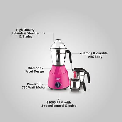 Preethi Galaxy MG225 Mixer Grinder, 750 watt, Pink, 3 Jars, Vega W5 Motor with 5yr Warranty & Lifelong Free Service Preethi Galaxy MG225 Mixer Grinder, 750 watt, Pink, 3 Jars, Vega W5 Motor with 5yr Warranty & Lifelong Free Service