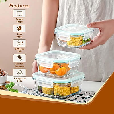 AGARO Borosilicate Glass Container with Lids, 3 pcs Set, 320ml, 520ml & 800ml Square AGARO Borosilicate Glass Container with Lids, 3 pcs Set, 320ml, 520ml & 800ml Square