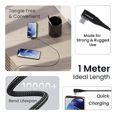 Ambrane Type C Mobile Charging Cable 3A Fast Charging, 1 Meter, L Shaped Braided Cable, 480Mbps Ambrane Type C Mobile Charging Cable 3A Fast Charging, 1 Meter, L Shaped Braided Cable, 480Mbps