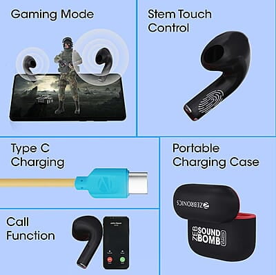 Zebronics SOUND BOMB 9 Semi in ear Bluetooth v5.2 TWS earbuds with 16H backup, ENC Calling, Gaming mode (Upto 50ms), Voice assistant, Flash connect, Silicone case, Splash proof and Type C Zebronics SOUND BOMB 9 Semi in ear Bluetooth v5.2 TWS earbuds with 16H backup, ENC Calling, Gaming mode (Upto 50ms), Voice assistant, Flash connect, Silicone case, Splash proof and Type C