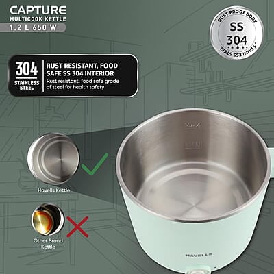 Havells Capture 1.2 Ltr Multi Cook Kettle with Steamer Basket SS Rust Resistant Body Havells Capture 1.2 Ltr Multi Cook Kettle with Steamer Basket SS Rust Resistant Body