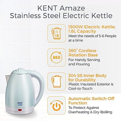 KENT Amaze Cool Touch Electric Kettle 1.8 L 1500 W - Plastic Outer & Stainless Steel body Inside | Auto shut off Over heating protection | 360 Degree Cordless Rotation | LED Indicator | Blue KENT Amaze Cool Touch Electric Kettle 1.8 L 1500 W - Plastic Outer & Stainless Steel body Inside | Auto shut off Over heating protection | 360 Degree Cordless Rotation | LED Indicator | Blue
