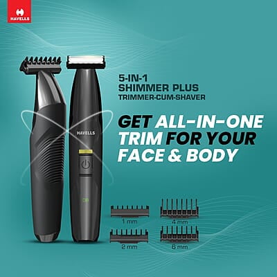 Havells ST8000 Shimmer plus, 5 in 1 rechargeable Dual-Blade Shaver cum Trimmer with 4 Trimming Combs Havells ST8000 Shimmer plus, 5 in 1 rechargeable Dual-Blade Shaver cum Trimmer with 4 Trimming Combs