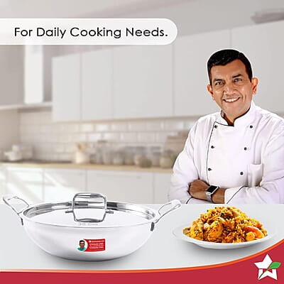 Wonderchef Nigella Tri-ply Stainless Steel 24 cm Kadhai with Lid 2.2 litres 2.6mm Thickness Wonderchef Nigella Tri-ply Stainless Steel 24 cm Kadhai with Lid 2.2 litres 2.6mm Thickness