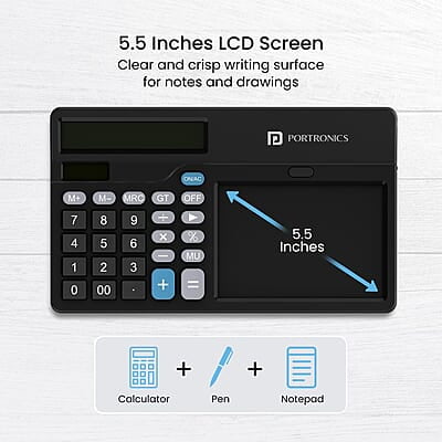 Portronics Ruffpad Calc 2 2-in-1 Calculator & LCD Writing Pad with 14.4 cm Writing Area, Multi Function Digital Calculator Stylus Pen for Students Portronics Ruffpad Calc 2 2-in-1 Calculator & LCD Writing Pad with 14.4 cm Writing Area, Multi Function Digital Calculator Stylus Pen for Students