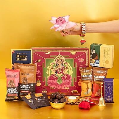 Eat Better Co Samriddhi Gift Hamper with Laxmi Design for Diwali - 11 Item Gift Pack - Dry Fruit Laddoos, Chocolate Coated Nuts with Phool Incense Cones, Golden Bell & Lanten Diya | Diwali Gifting Box
