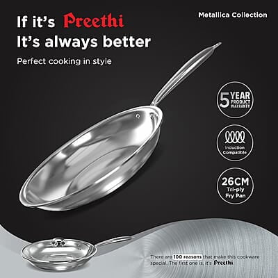 Preethi Metallica Collection Triply Stainless Steel Frypan with Glass Lid, 26 cm, Gas & Induction Preethi Metallica Collection Triply Stainless Steel Frypan with Glass Lid, 26 cm, Gas & Induction