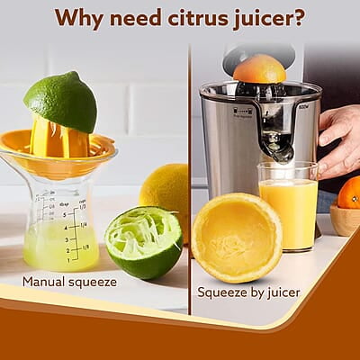 AGARO Regency Electric Citrus Juicer 350W, 650 ml, Pulp Regulator, AC Copper Motor, 2 Cones For All Citrus fruits, 2 filters, Anti Drip, Stainless Steel Body, Silver & Black AGARO Regency Electric Citrus Juicer 350W, 650 ml, Pulp Regulator, AC Copper Motor, 2 Cones For All Citrus fruits, 2 filters, Anti Drip, Stainless Steel Body, Silver & Black