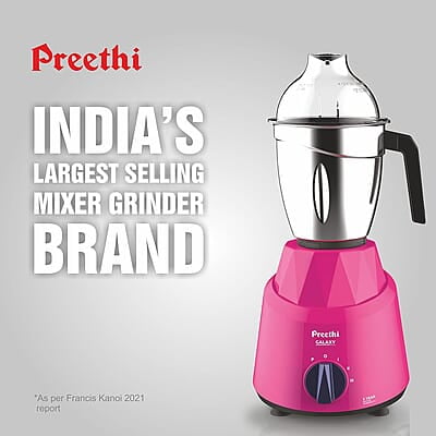 Preethi Galaxy MG225 Mixer Grinder, 750 watt, Pink, 3 Jars, Vega W5 Motor with 5yr Warranty & Lifelong Free Service Preethi Galaxy MG225 Mixer Grinder, 750 watt, Pink, 3 Jars, Vega W5 Motor with 5yr Warranty & Lifelong Free Service