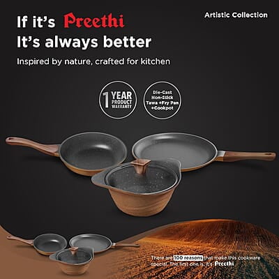 Preethi Artistic Collection Die Cast Non Stick Set, 27 cm Tawa, 24 cm Fry Pan, Kadai 24 cm with Glass Lid