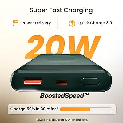 Ambrane 10000mAh Slim Power Bank, 20W Fast Charging, Dual Output, Type C PD (Input & Output), Quick Charge Ambrane 10000mAh Slim Power Bank, 20W Fast Charging, Dual Output, Type C PD (Input & Output), Quick Charge