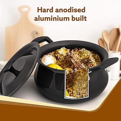 AGARO Aluminium Non-Stick Elite Hard Anodized Handi, 3.5 Litres, Riveted Handle, 4 Mm Thick Plate