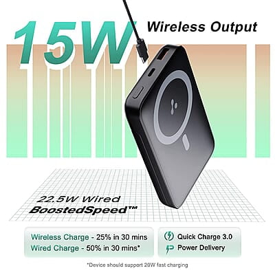 Ambrane 10000mAh Magnetic Wireless Power Bank with Stand, 15W Wireless Fast Charging, Compact 22.5W PD Wired Charger, Compatible with iPhone 12/13/14/15 & Other Wireless Devices Ambrane 10000mAh Magnetic Wireless Power Bank with Stand, 15W Wireless Fast Charging, Compact 22.5W PD Wired Charger, Compatible with iPhone 12/13/14/15 & Other Wireless Devices
