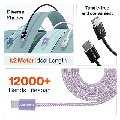 Ambrane 60W Type-C to Type-C Fast Charging Cable for Smartphones, Tablets, Laptops, iPhone 15 & Other Type C Devices, PD Technology, 480Mbps Data Sync, 1.2M (ABCC-60 Ambrane 60W Type-C to Type-C Fast Charging Cable for Smartphones, Tablets, Laptops, iPhone 15 & Other Type C Devices, PD Technology, 480Mbps Data Sync, 1.2M (ABCC-60