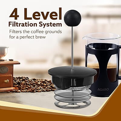 AGARO Elite French Press Coffee And Tea Maker, Borosilicate Glass Body With Sleeves, Glass Carafe, BPA Free Plastic Lid Strainer, 600Ml AGARO Elite French Press Coffee And Tea Maker, Borosilicate Glass Body With Sleeves, Glass Carafe, BPA Free Plastic Lid Strainer, 600Ml