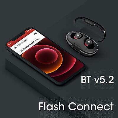 Zebronics Zeb-Sound Bomb N2 TWS Wireless in Ear Earbuds with 50ms Low Latency Gaming, ENC, Voice Assistant, Flash Connect, Splash Proof, BT v5.2, up to 12H Backup, Call Function and Type C