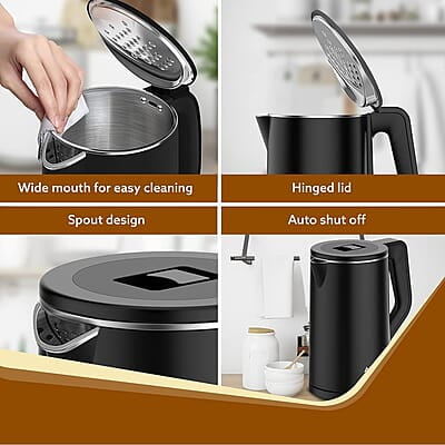 AGARO Elegant Electric Kettle, 1.8L, Double Layered Kettle, Stainless Steel Inner Body Black