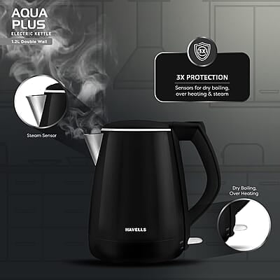 Havells Electric Kettle Aqua Plus 1250 Watts 1.2 liters , Double Layered Cool Touch Outer Body black Havells Electric Kettle Aqua Plus 1250 Watts 1.2 liters , Double Layered Cool Touch Outer Body black