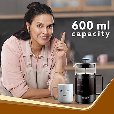 AGARO Delite French Press Coffee And Tea Maker, Borosilicate Glass Body With Sleeves, Glass Carafe, BPA Free Plastic Lid Strainer, 600Ml AGARO Delite French Press Coffee And Tea Maker, Borosilicate Glass Body With Sleeves, Glass Carafe, BPA Free Plastic Lid Strainer, 600Ml