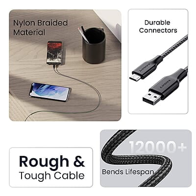 Ambrane Unbreakable 60W / 3A Fast Charging 1.5m Braided Micro USB Cable for Smartphones, Tablets, Laptops & other Micro USB devices, 480Mbps Data Sync, Quick Charge 3.0 (RCM15 Ambrane Unbreakable 60W / 3A Fast Charging 1.5m Braided Micro USB Cable for Smartphones, Tablets, Laptops & other Micro USB devices, 480Mbps Data Sync, Quick Charge 3.0 (RCM15