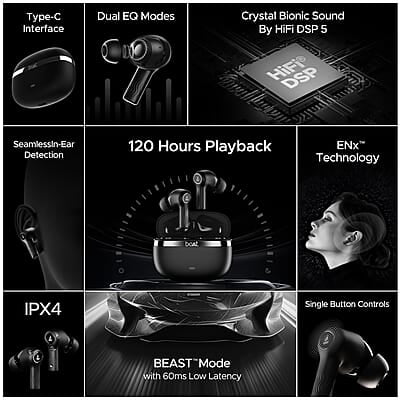 boAt Nirvana Ion TWS Earbuds with 120 HRS Playback(24hrs/Charge), Crystal Bionic Sound with Dual EQ Modes, Quad Mics ENx™ Technology, Low Latency(60ms), in Ear Detection boAt Nirvana Ion TWS Earbuds with 120 HRS Playback(24hrs/Charge), Crystal Bionic Sound with Dual EQ Modes, Quad Mics ENx™ Technology, Low Latency(60ms), in Ear Detection
