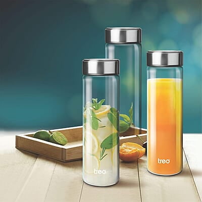 Treo by Milton Borosilicate Crysta Glass Bottle, 1000 ml, Glaze Steel Treo by Milton Borosilicate Crysta Glass Bottle, 1000 ml, Glaze Steel